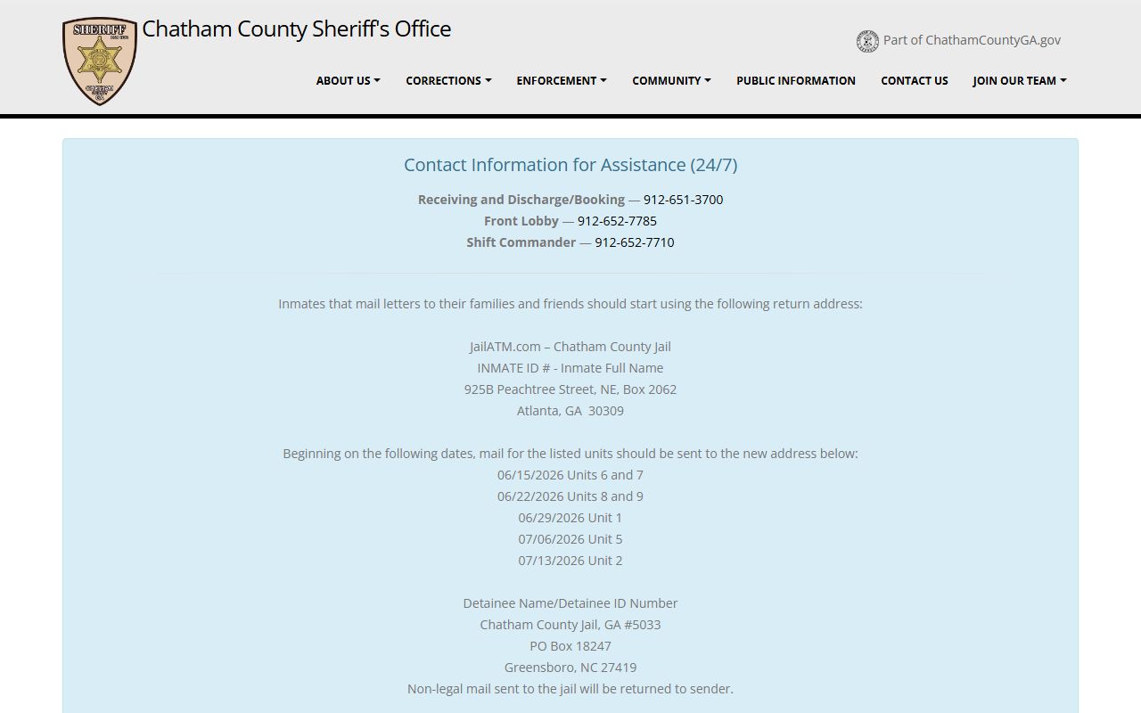 Chatham County Sheriff's Office website for booking and jail services