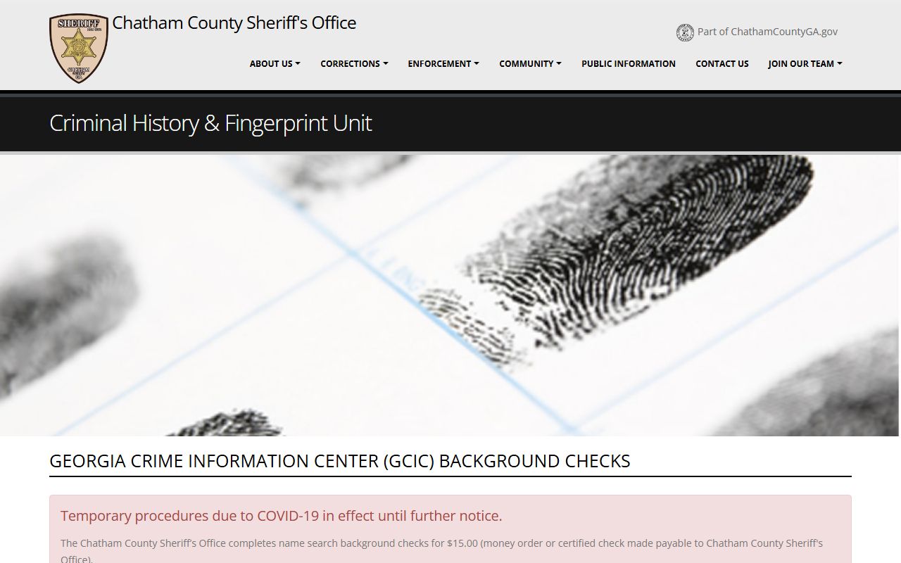 Chatham County Sheriff's Criminal History and Fingerprint Unit page