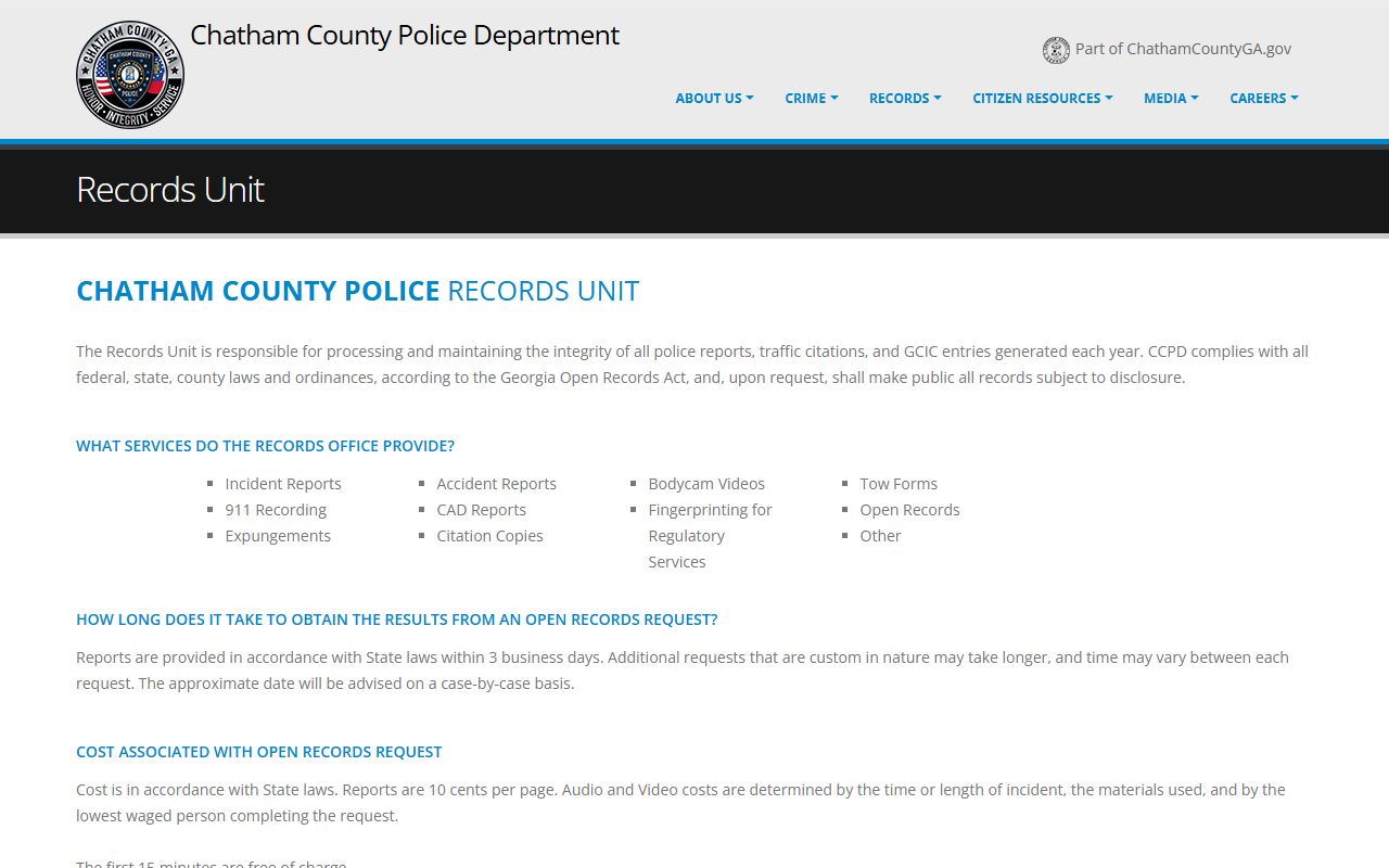 Chatham County Police Records Unit page