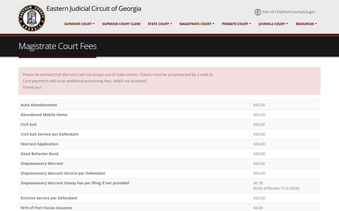 Chatham County court dockets Magistrate Court fee information