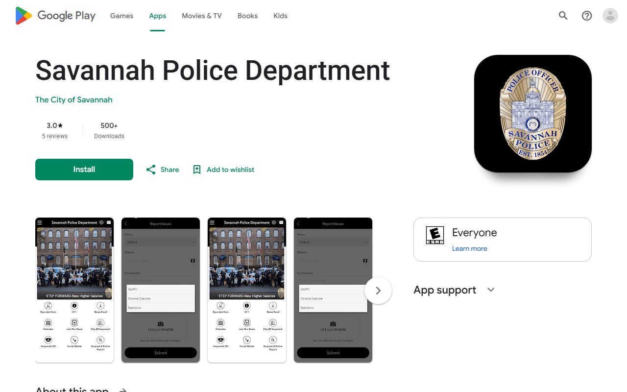 Savannah Police Department Android app listing