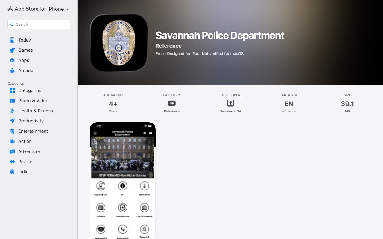 Savannah Police Department iOS app listing