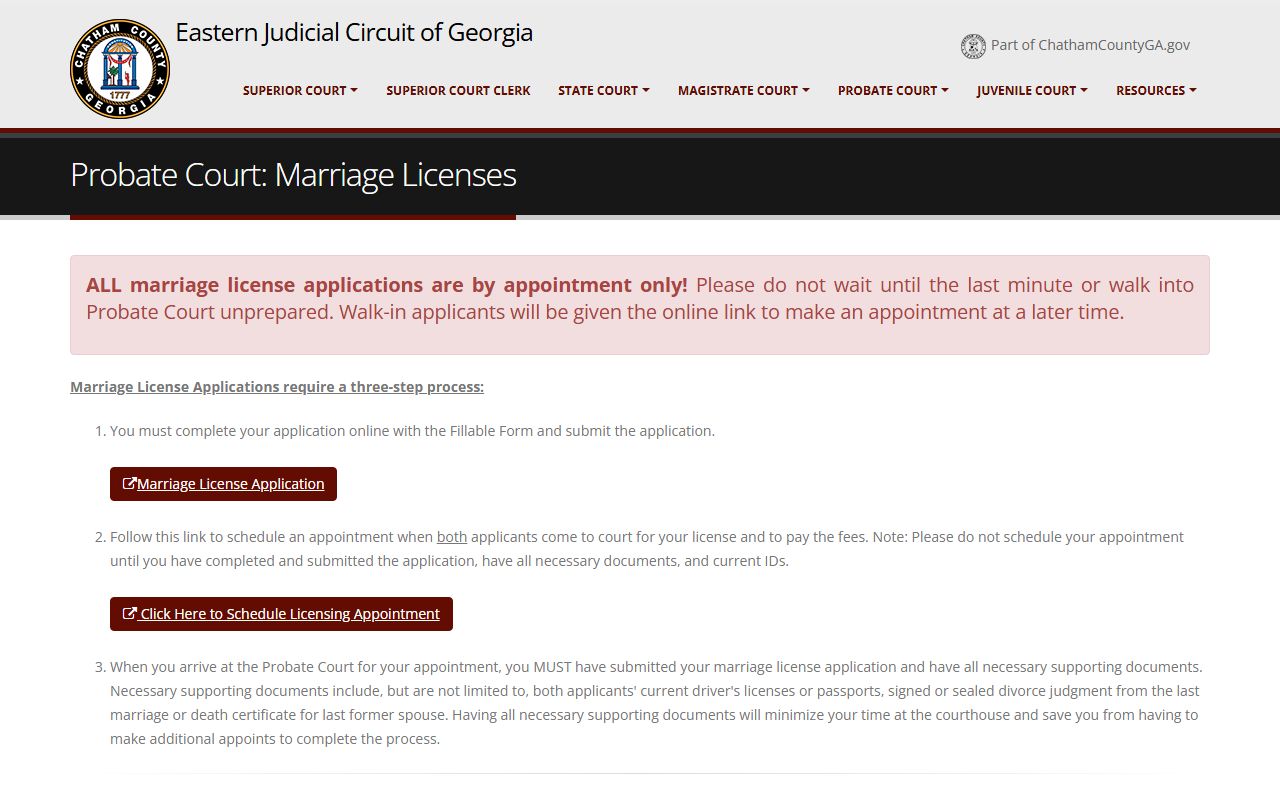 Chatham County marriage records Probate Court marriage license page
