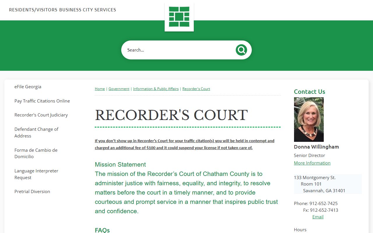 Recorder's Court of Chatham County page for traffic and citation matters